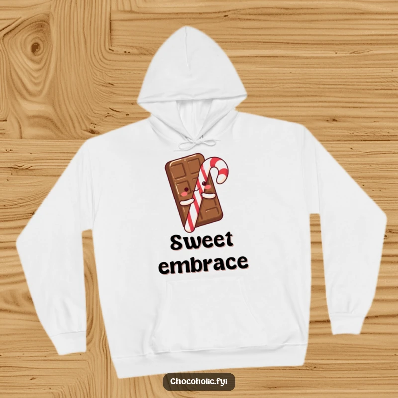 A chocolate bar with tiny arms excitedly hugging a candy cane, printed on a soft hoodie for cozy and humorous sweetness.