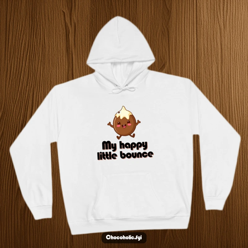 Funny chocolate truffle hoodie with a character doing a little happy hop, offering warmth and sweet cheer.