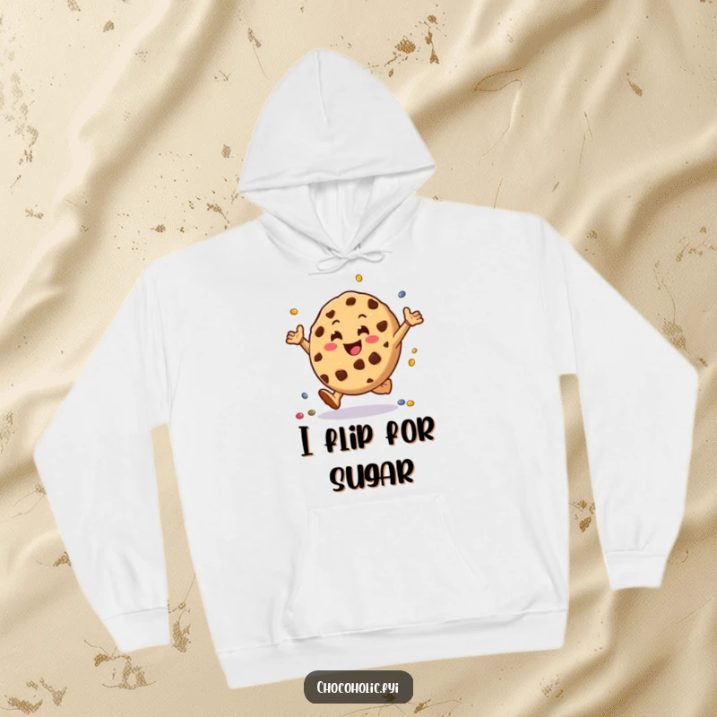 Funny chocolate chip cookie hoodie character doing cartwheels with tiny candies, offering warm comfort and a splash of playful energy.