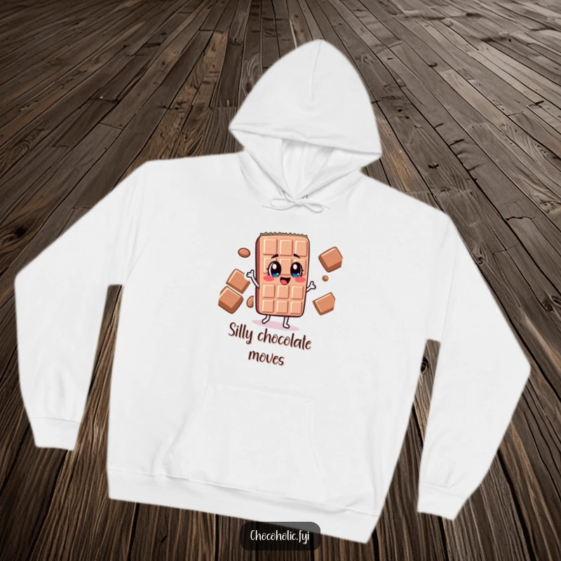 Funny chocolate bar character with wide, delighted eyes doing a silly dance on a cozy hoodie, radiating fun.