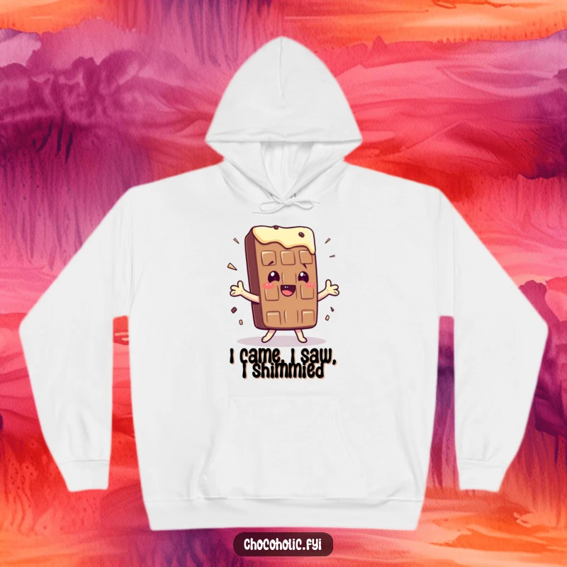 Funny hoodie with a kawaii chocolate bar character doing an exaggerated, joyous shimmy, perfect for spreading smiles.