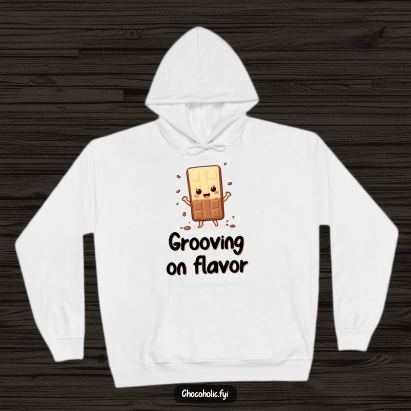 Funny Hoodie: Kawaii chocolate bar character doing a happy dance, shedding crumbs, embodying pure joy and a love for sweets, a cozy and humorous gift.