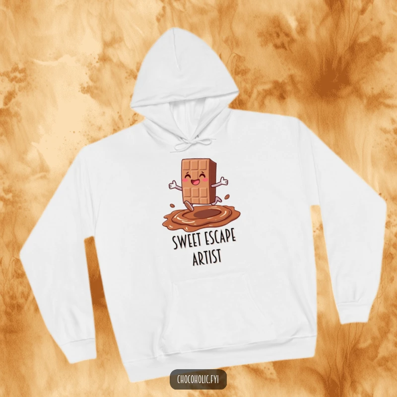 Funny smiling chocolate bar character with legs joyfully leaping over melted chocolate, on a cozy hoodie for sweet comfort and humor.