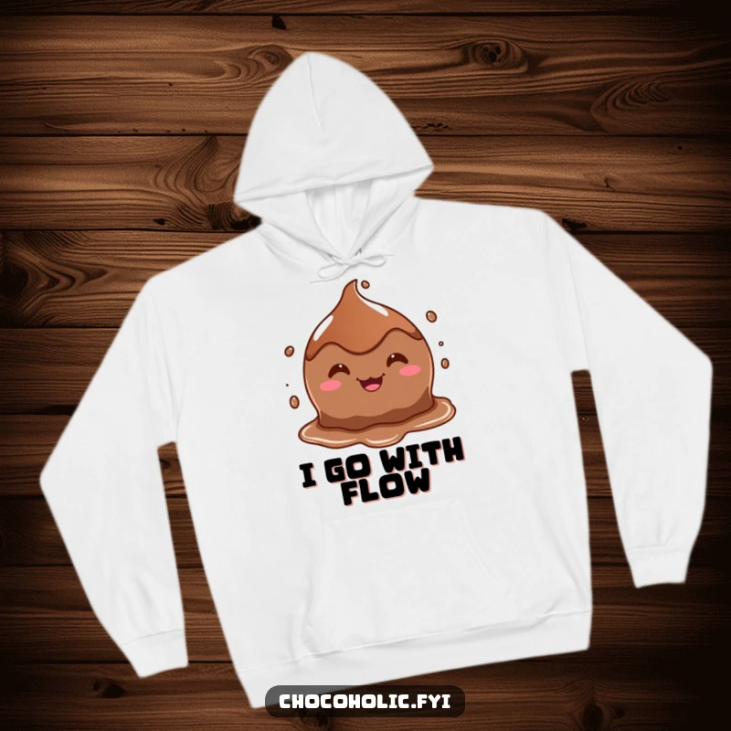 Funny hoodie featuring a goofy-grinning, melting chocolate puddle character, offering warmth and a chuckle.