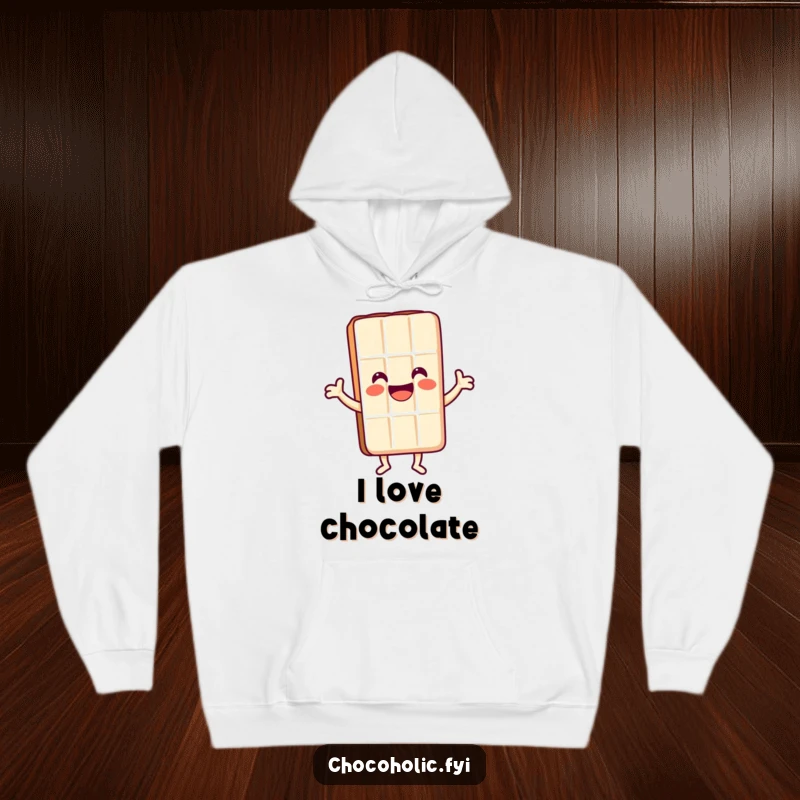 Funny Kawaii chocolate bar character smiling widely and dancing happily on a cozy hoodie, radiating pure joy.