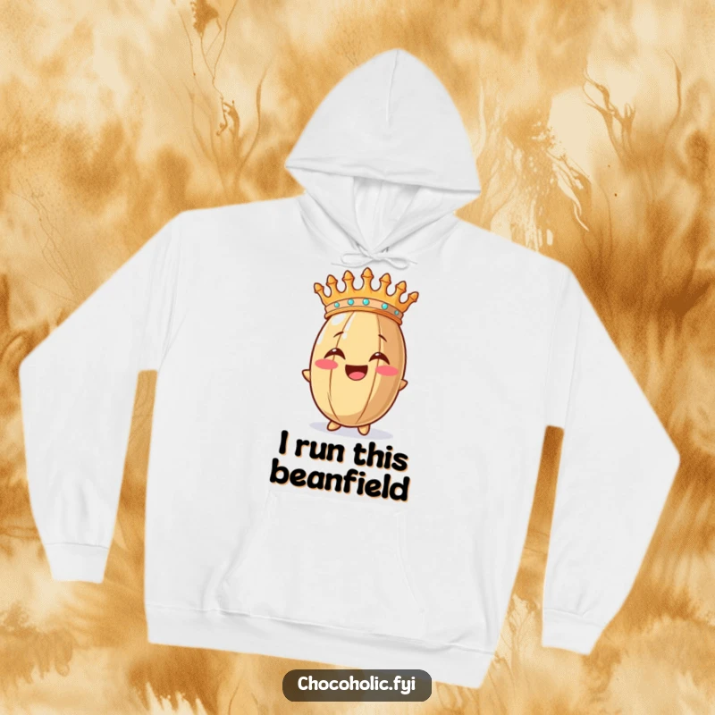 Funny hoodie depicting a joyous cocoa bean adorned with a crown, exuding happiness and regal charm.