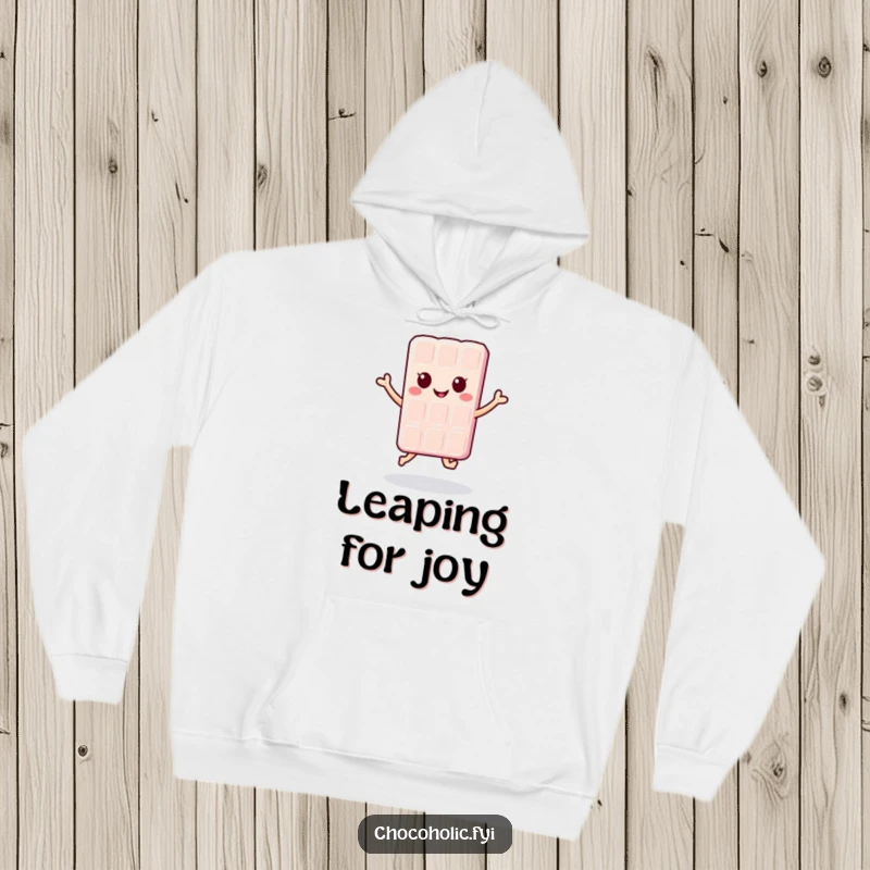 Funny kawaii chocolate bar character performing a happy jump, printed on a cozy hoodie, perfect for spreading cheer and smiles.