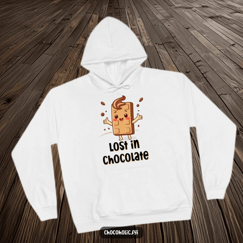 Funny Hoodie: Adorable kawaii chocolate bar character embraces a swirling cocoa cloud, offering ultimate sweet comfort.