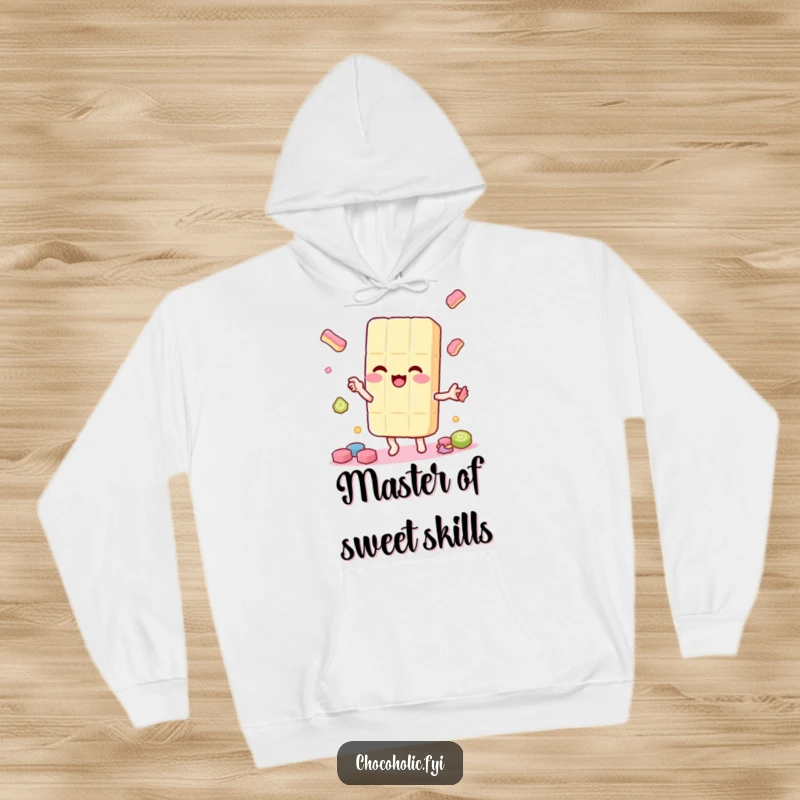 Funny kawaii candy bar character, juggling smaller candies playfully, featured on a warm hoodie, entertaining and sweet.