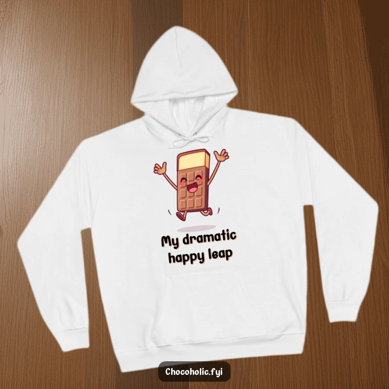 Funny chocolate bar hoodie with a character doing a dramatic, joyful leap, offering warmth and expressive cheer.