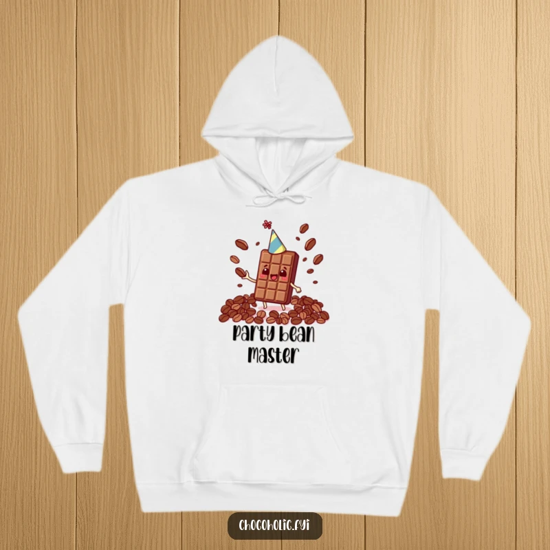 Funny Kawaii chocolate bar wearing a party hat, juggling cocoa beans, cozy on a warm hoodie.