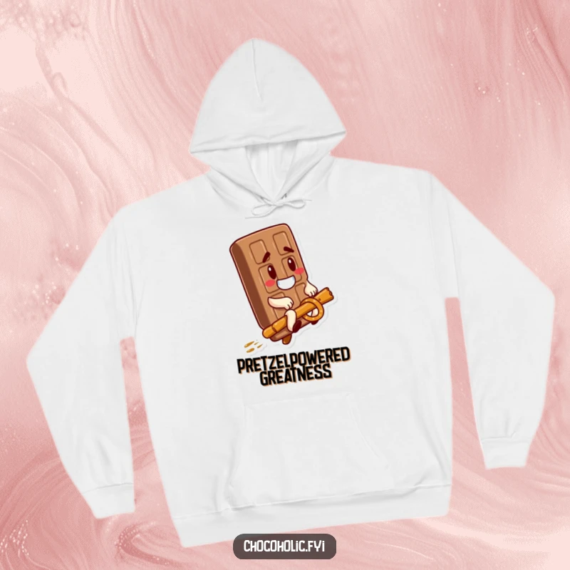 Funny Hoodie: A chocolate bar with a goofy expression rides a pretzel stick, offering warmth and a hilarious snack-themed vibe.
