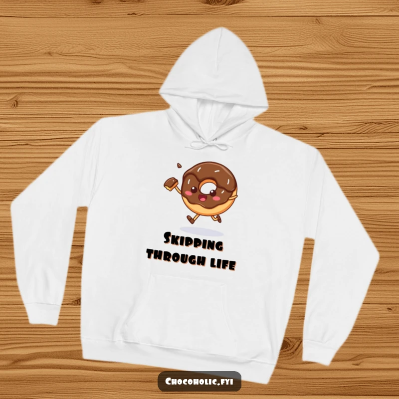 Funny Hoodie: A chocolate donut happily skips with a bite removed, offering warmth and a dose of sweet humor.