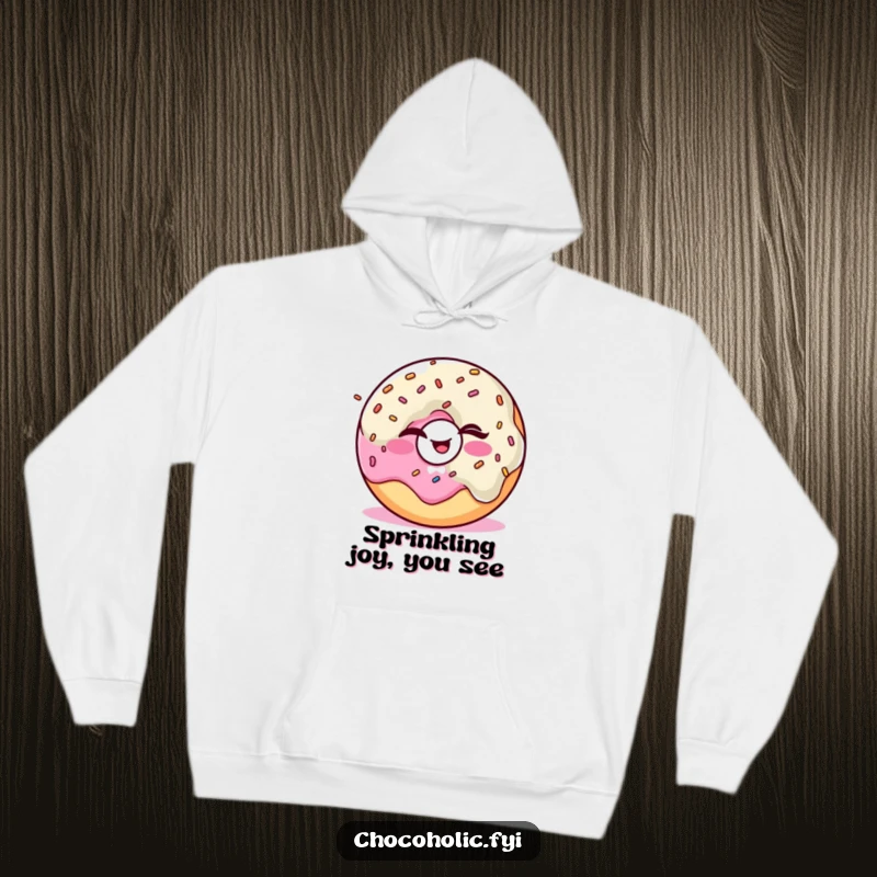 Funny Kawaii donut character winking and juggling sprinkles, designed on a warm and cozy hoodie.