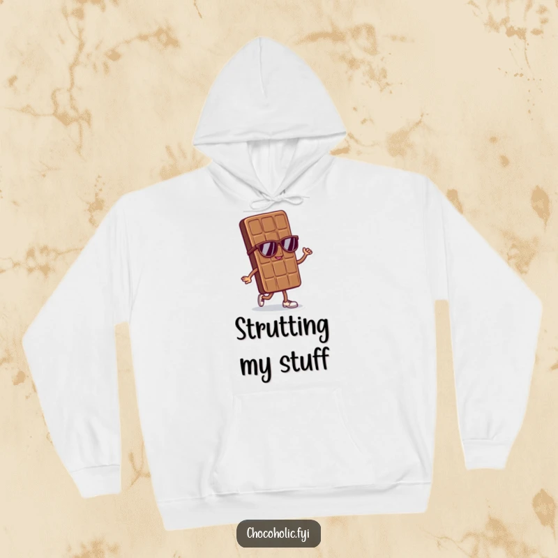 Funny hoodie featuring a cool chocolate bar character in sunglasses doing a confident strut, offering warmth and style.