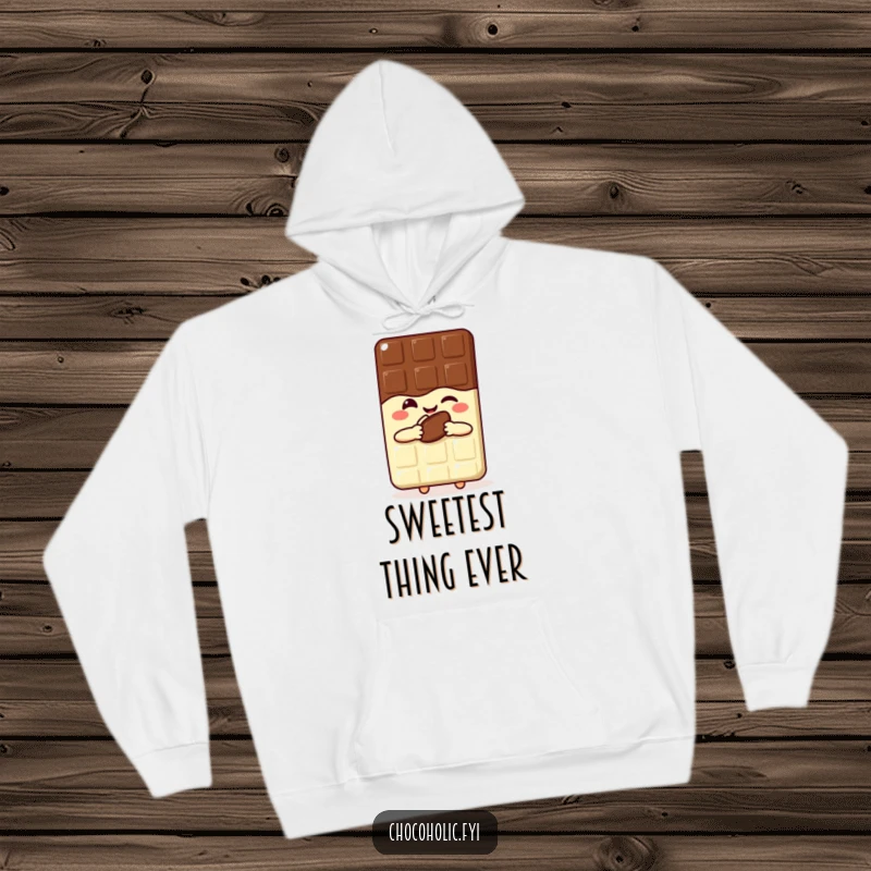 Cozy, funny chocolate bar hoodie with a happy, winking kawaii character holding a cocoa bean.