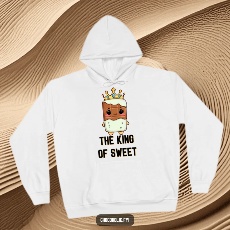 Funny hoodie depicting a chocolate bar character wearing a crown, looking like royalty, offering warmth and sweet nobility.