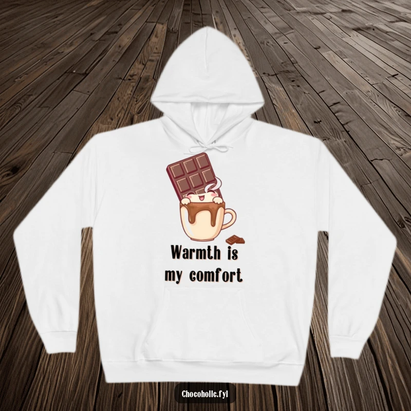 Funny hoodie depicting a chocolate bar character peeking with immense delight over a tiny, steaming mug of a hot beverage.