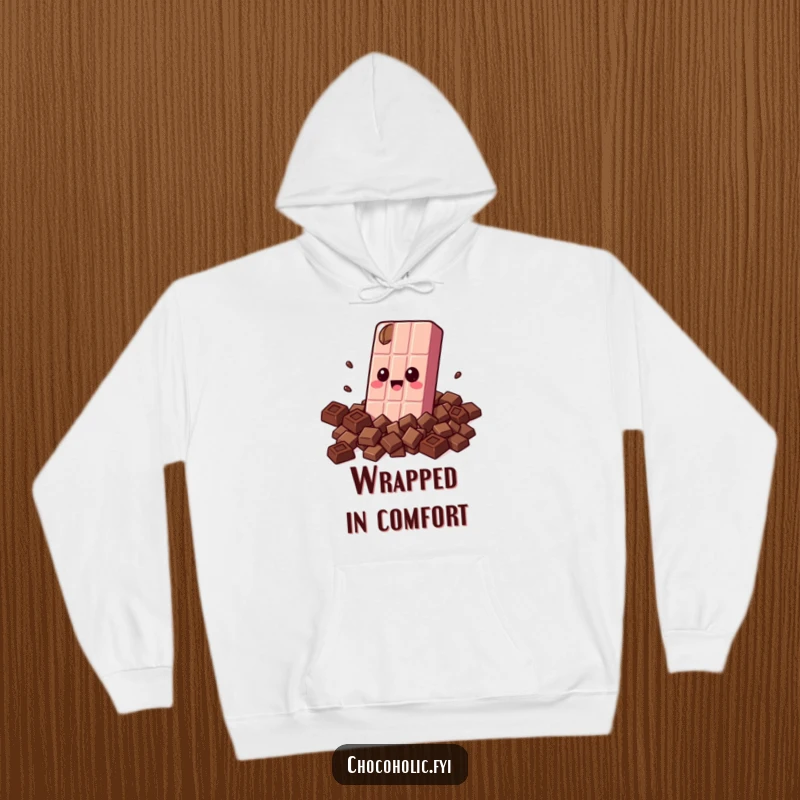 Funny hoodie depicting a kawaii chocolate bar character with wide eyes, joyfully enveloped in a comforting blanket of smaller chocolate pieces.