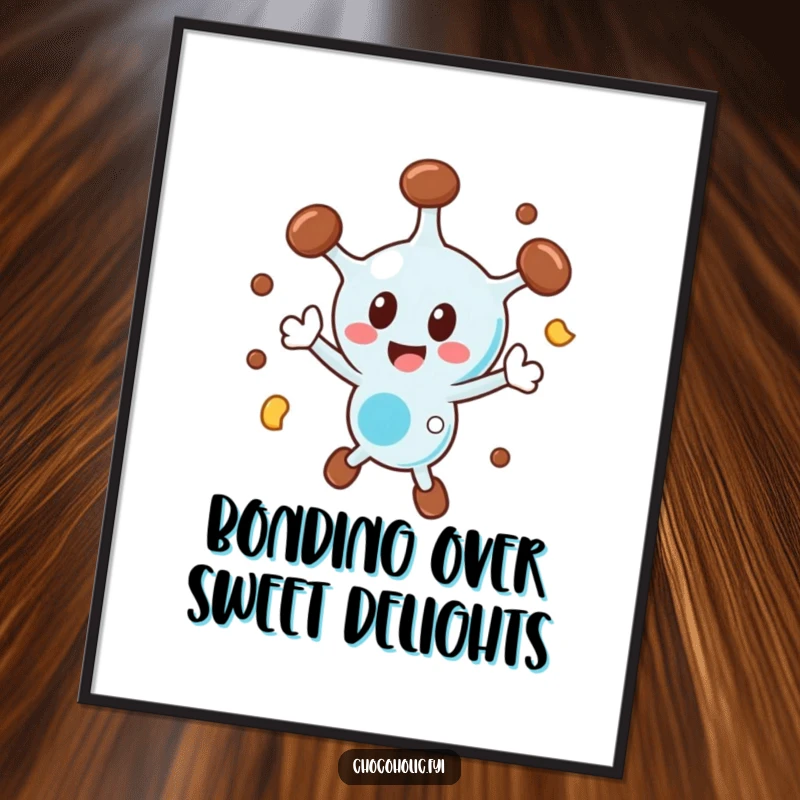 Funny Free Printable Wall Art of a chocolate molecule character in a captivating, delightful spin, symbolizing pure joy.