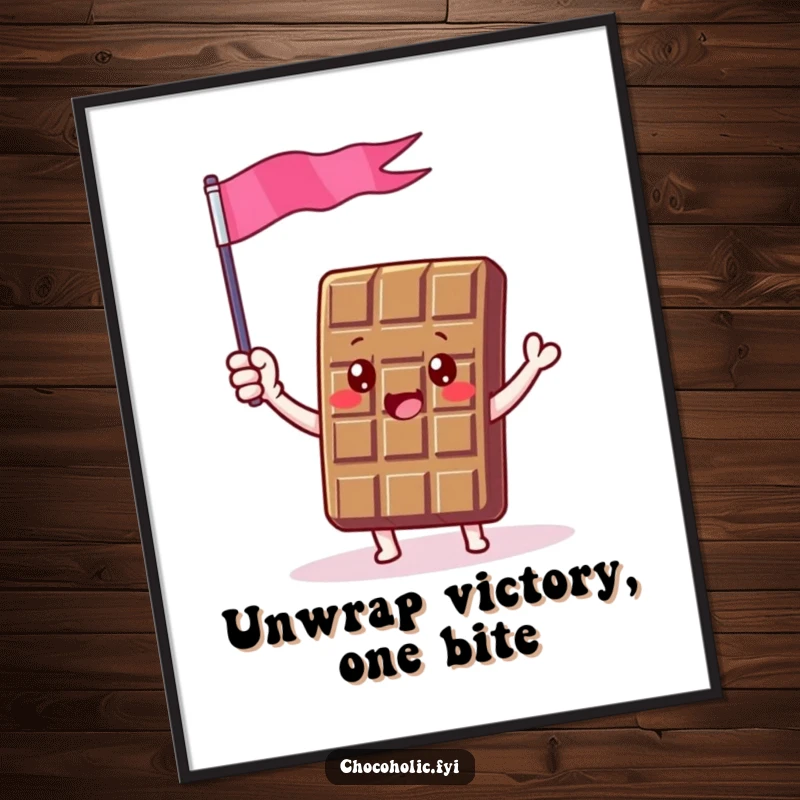 Funny Free Printable wall art of a chocolate bar character enthusiastically waving a tiny flag made of chocolate foil.