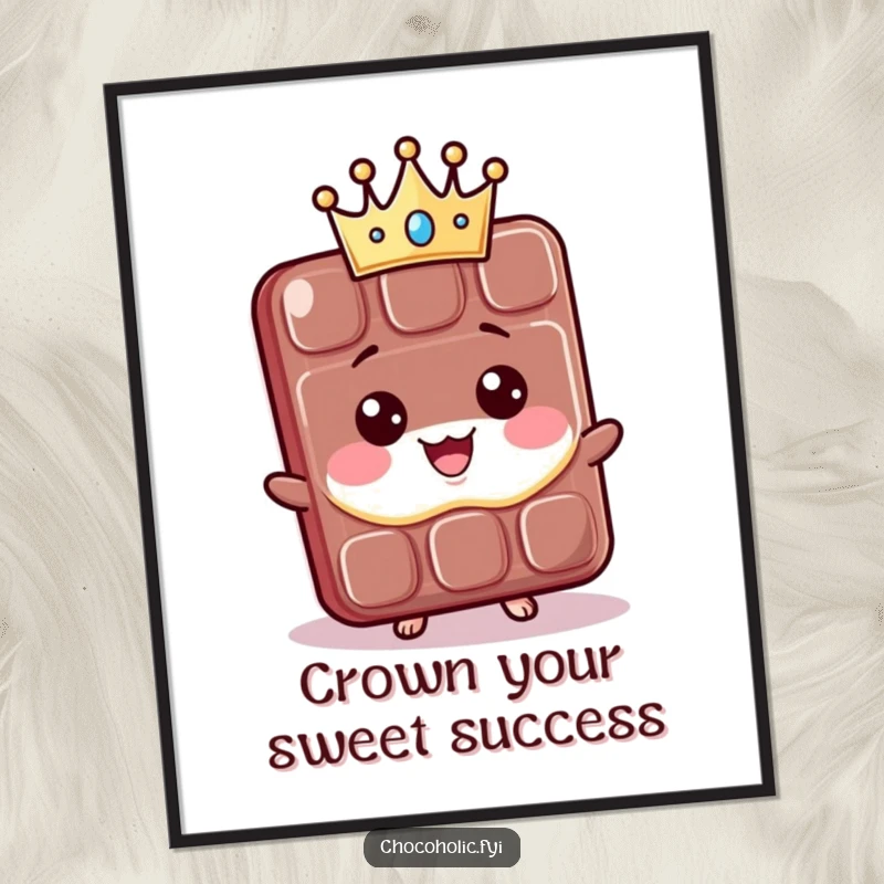 Funny Free Printable Wall Art: A kawaii chocolate bar character beams with pride, wearing a tiny crown, exuding regality.