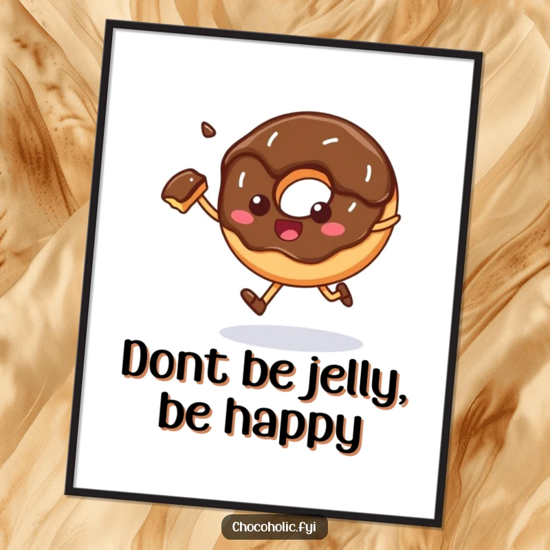 Funny Free Printable Wall Art of a chocolate donut happily skipping, with a bite missing.