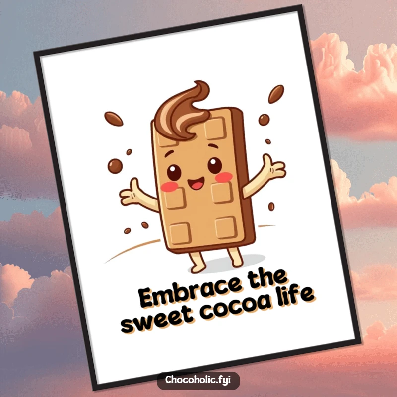 Funny Free Printable Wall Art: A kawaii chocolate bar joyfully embraces a swirling cocoa cloud, creating cozy art.