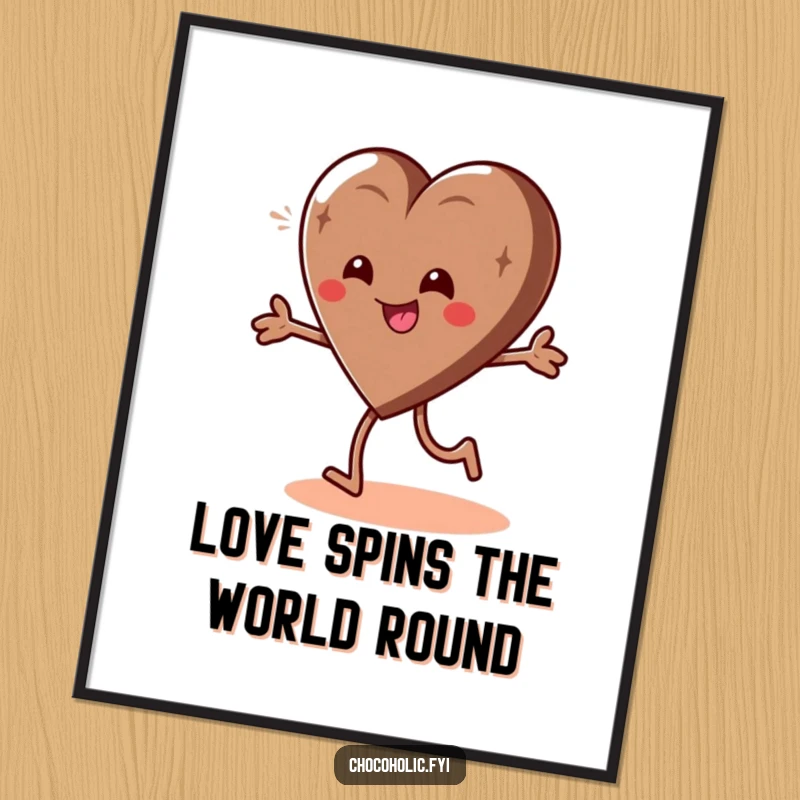 Funny Free Printable Wall Art: A chocolate heart character doing a giddy, playful spin, full of infectious joy.