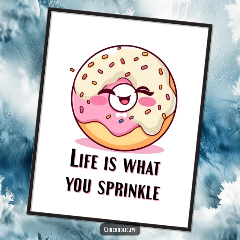 Funny Free Printable Kawaii donut character winking and juggling sprinkles, designed as cheerful and humorous downloadable wall art.