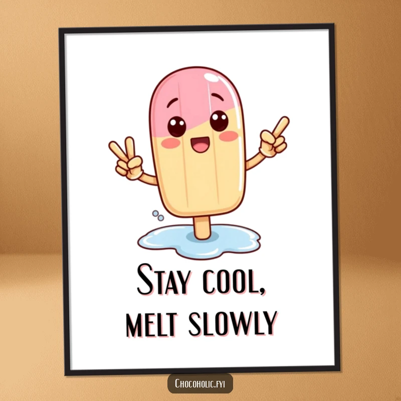 Funny Free Printable Kawaii popsicle character in a victory pose with a melting puddle, designed as cheerful, humorous downloadable wall art.