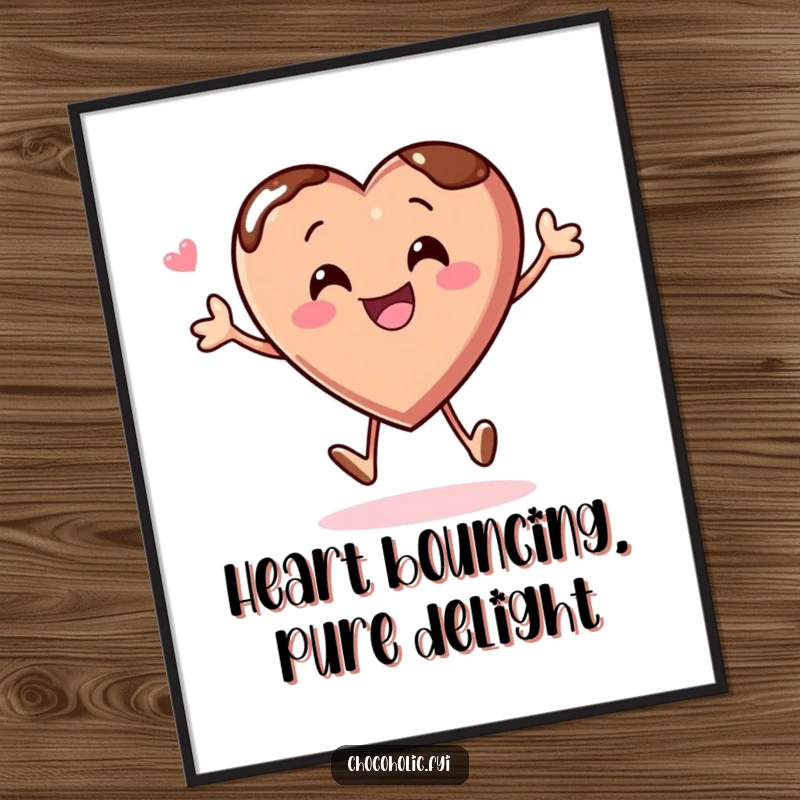 Funny Free Printable Wall Art: A chocolate heart character captured mid-bounce, radiating infectious glee and happiness.