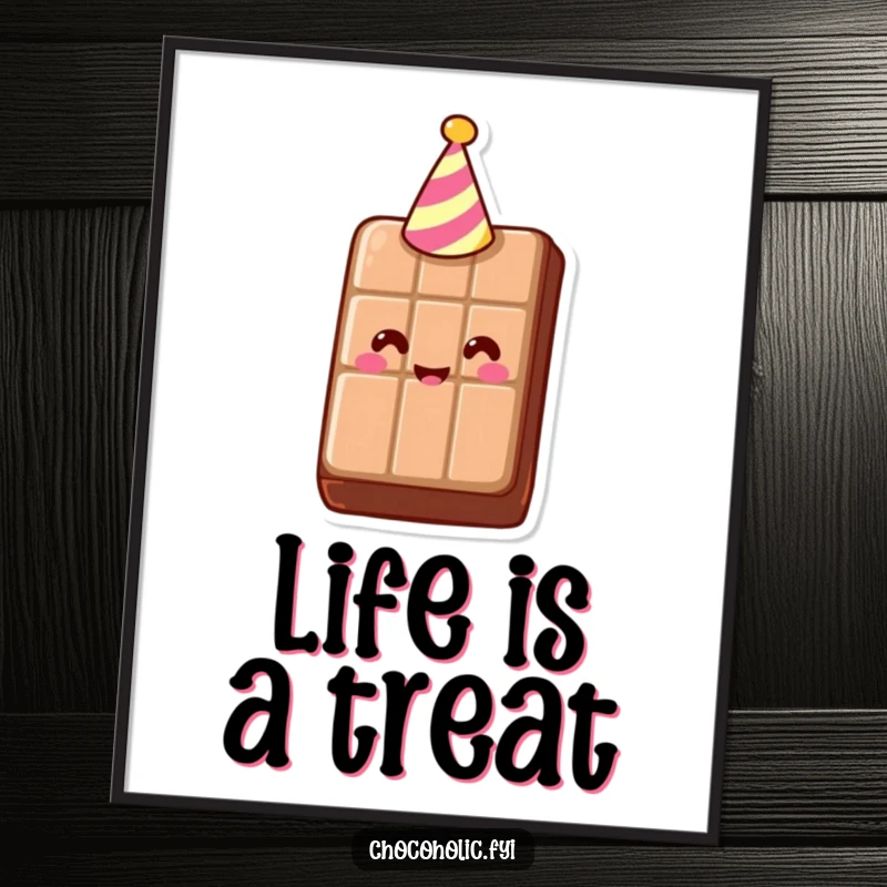 Funny Free Printable Wall Art of a smiling chocolate bar wearing a tiny party hat, bringing festive cheer to any space.