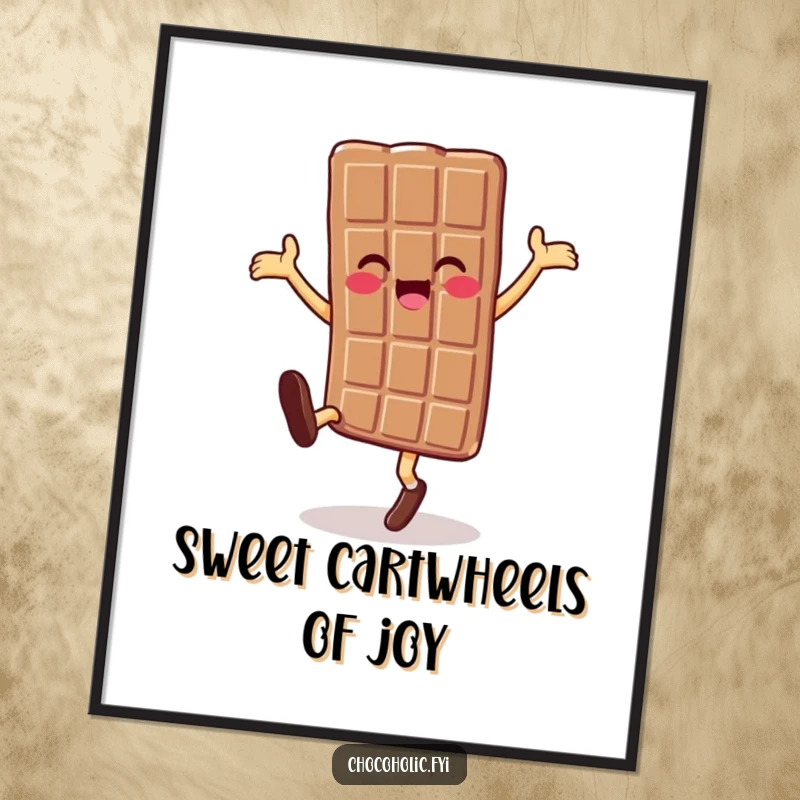 Funny Free Printable Wall Art: A chocolate bar character mid-cartwheel with a happy expression, creating a dynamic and cheerful decorative piece.