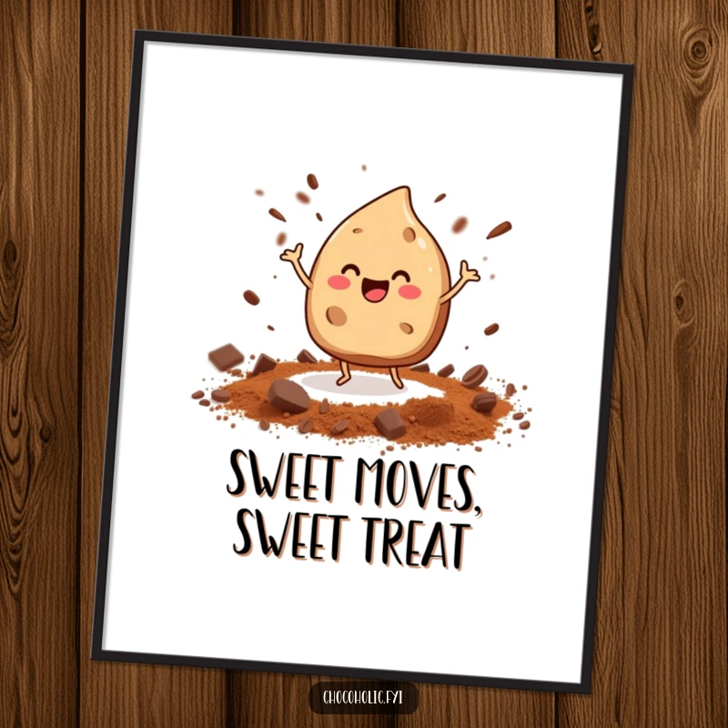 Funny Free Printable Wall Art showing a small chocolate chip character with tiny legs doing a happy dance and scattering powder.
