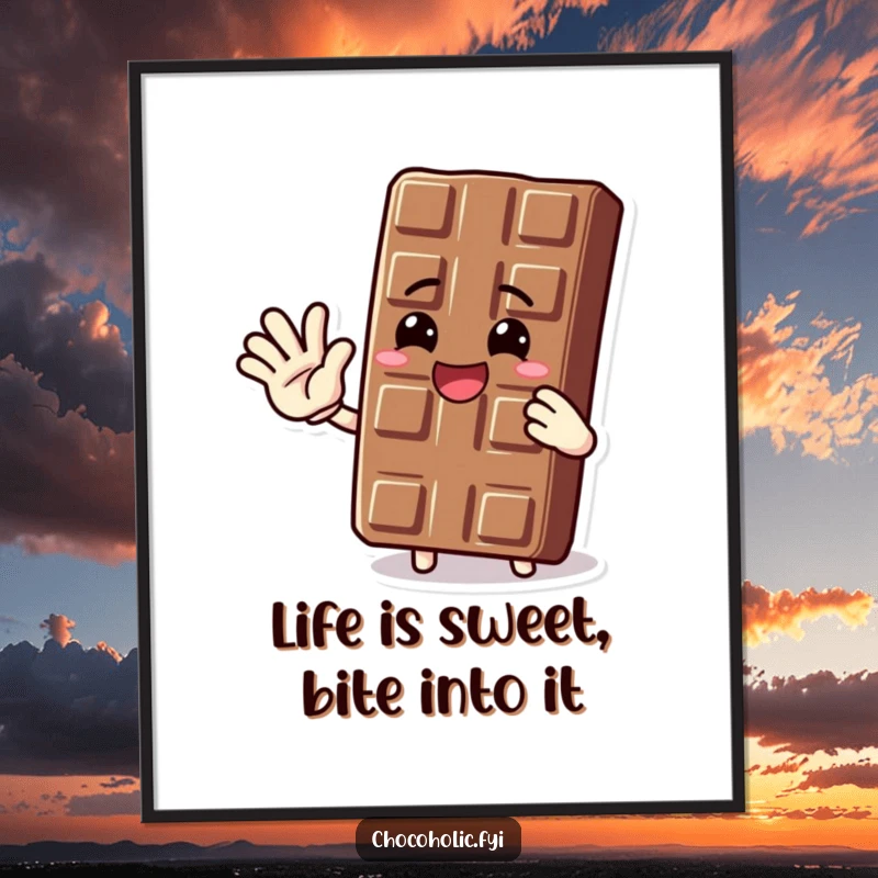 Funny Free Printable Wall Art featuring a happy chocolate bar character waving enthusiastically, a delightful downloadable piece.