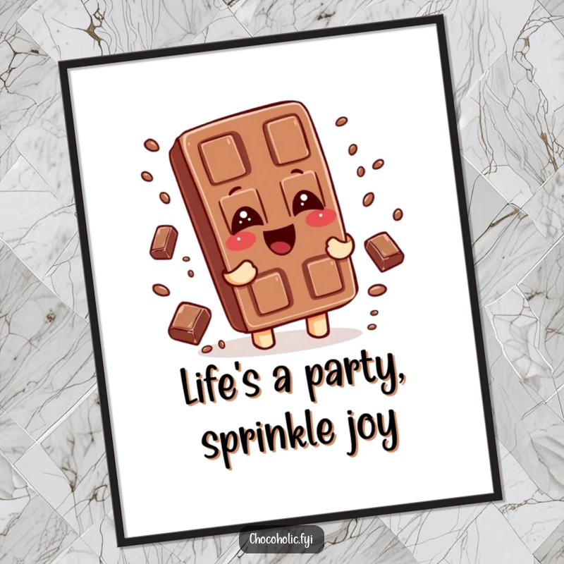 Funny Free Printable Wall Art of a giggling chocolate bar character surrounded by sprinkles, a whimsical downloadable piece.