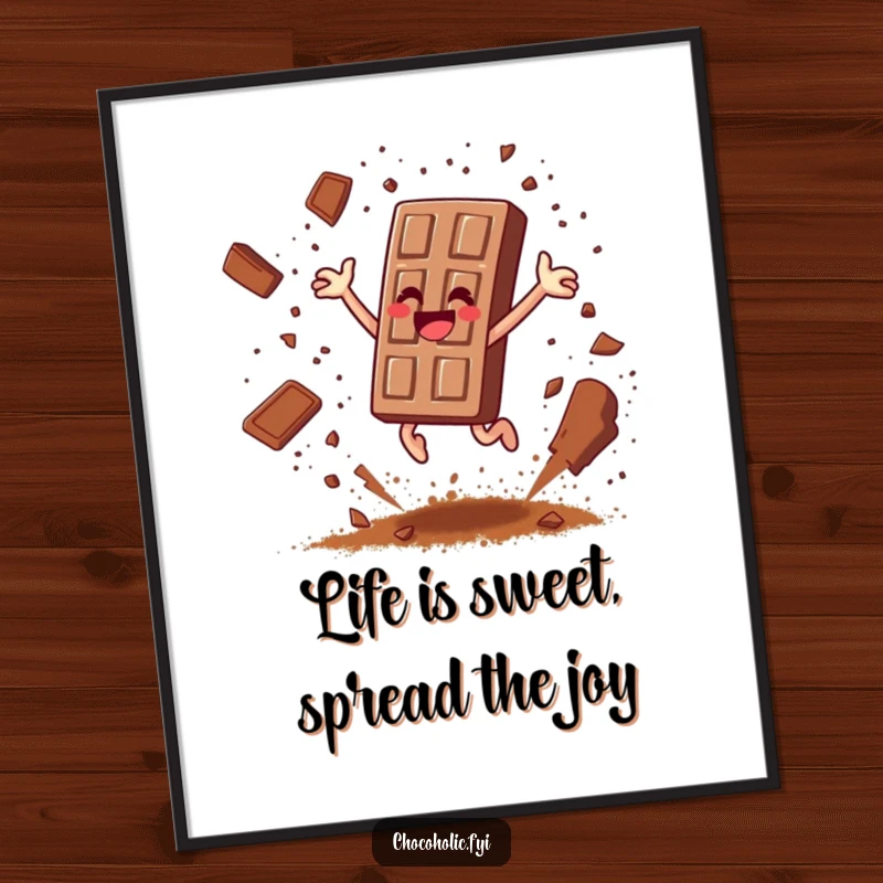 Funny Free Printable Wall Art: Chocolate bar character leaping joyfully, scattering cocoa powder like colorful confetti.