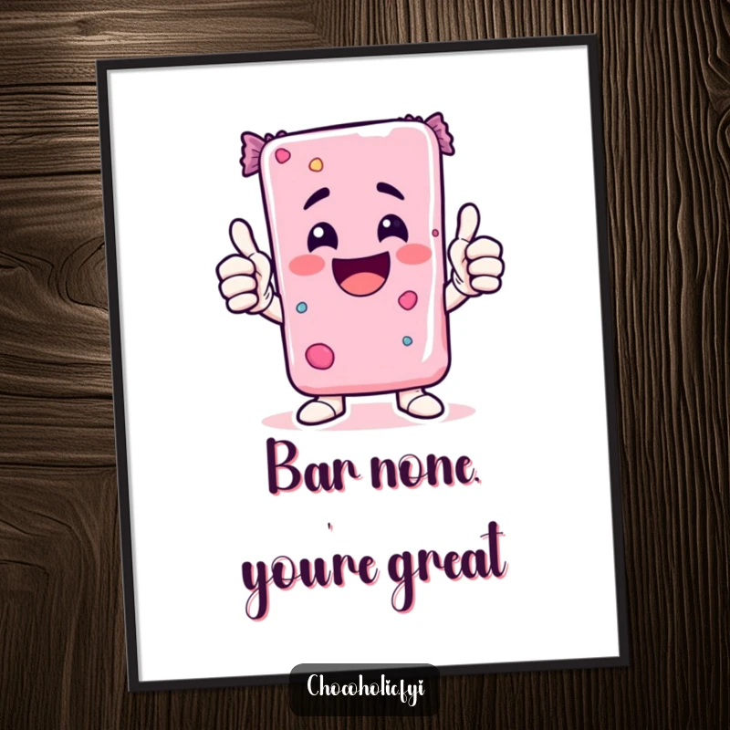 Funny Free Printable Wall Art: Excited Kawaii candy bar character gives a joyful double thumbs-up, radiating happiness and positivity.