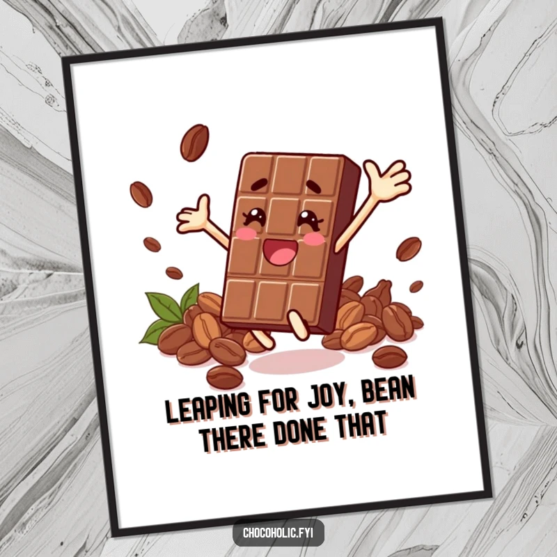 Funny Free Printable Wall Art of a chocolate bar character leaping joyfully amidst cocoa beans, a vibrant downloadable.