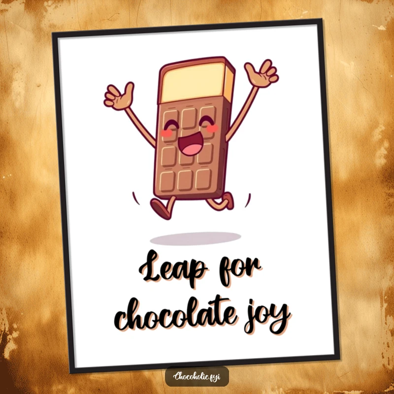 Funny Free Printable Wall Art of a chocolate bar character captured mid-air, performing a dramatic and joyful leap.