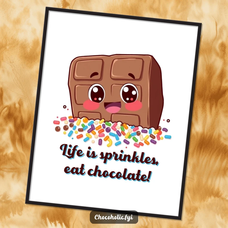 Funny Free Printable Wall Art: Excited chocolate bar character with wide eyes, joyfully diving headfirst into a huge pile of colorful sprinkles.