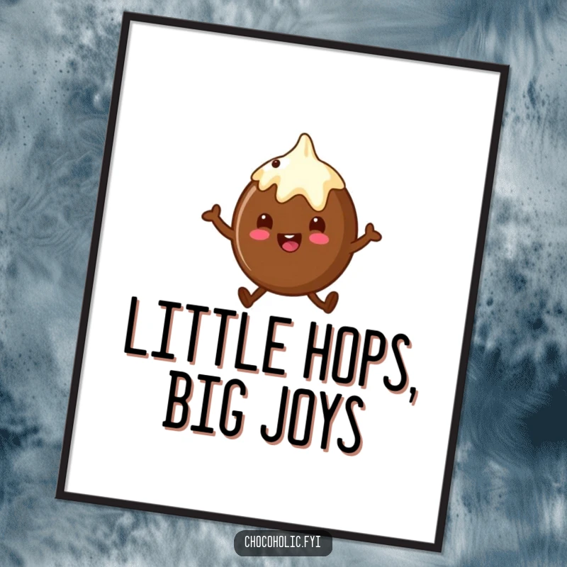 Funny Free Printable Wall Art of a cute chocolate truffle character captured in a joyful, happy mid-hop pose.