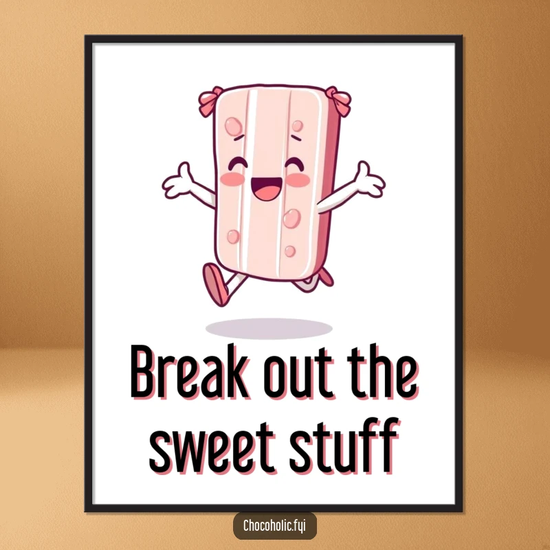 Funny Free Printable Wall Art: A kawaii candy bar character skipping joyfully with arms outstretched, adding playful charm to decor.