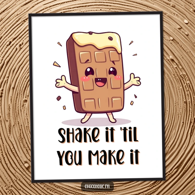 Funny Free Printable Wall Art: Kawaii chocolate bar character doing a silly, exaggerated shimmy dance, perfect for kitchens.