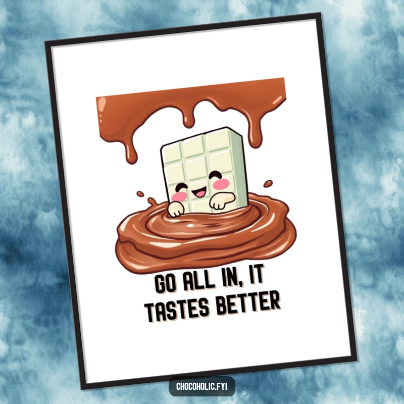 Funny Free Printable Wall Art of a Kawaii chocolate bar character gleefully diving into a smooth pool of dark chocolate sauce.