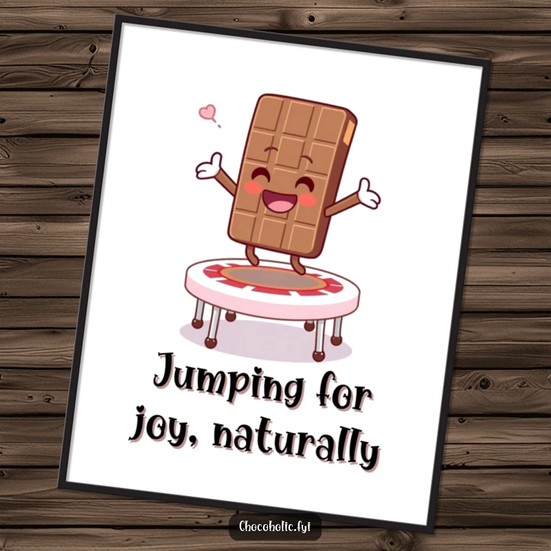 Funny Free Printable wall art of a chocolate bar character energetically bouncing on a marshmallow trampoline.