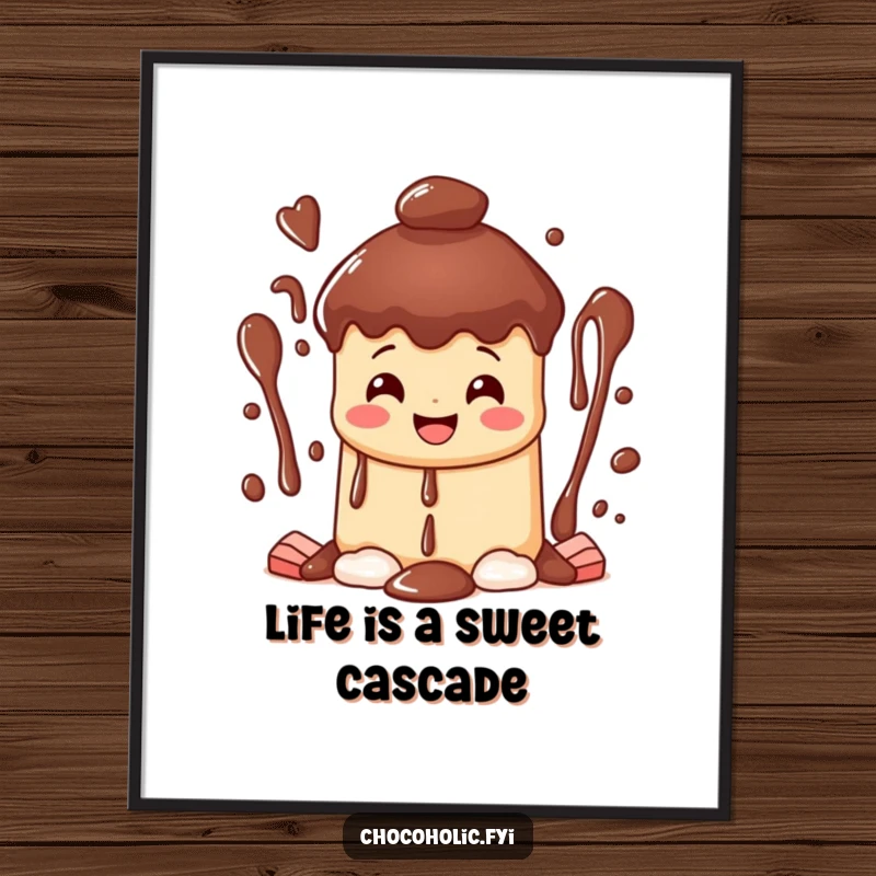 Funny free printable wall art: a cheerful chocolate fountain character with a wide grin, pouring streams of sweet bliss.