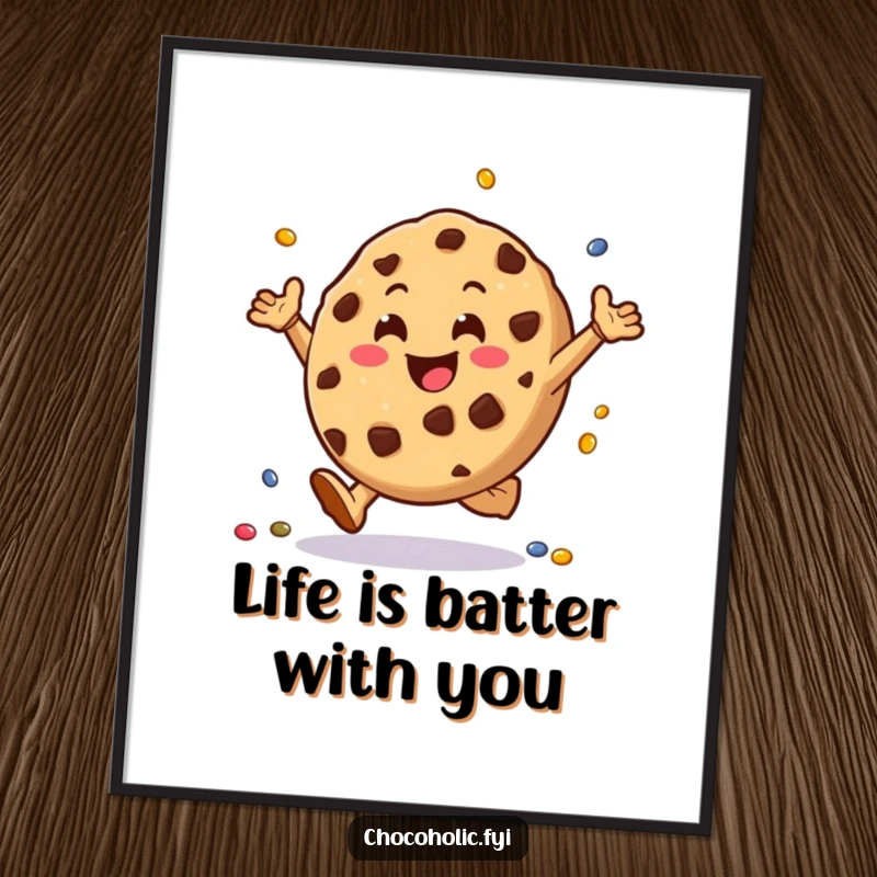 Funny free printable wall art: a joyful chocolate chip cookie character doing cartwheels with tiny candies flying around.