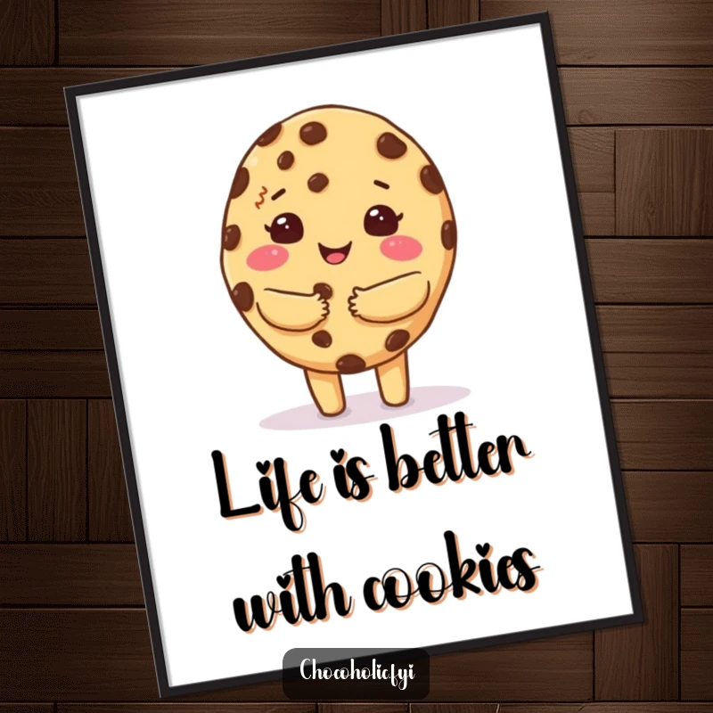 Funny Free Printable Wall Art: Kawaii chocolate chip cookie character giving a warm, fuzzy hug, perfect for kitchens.